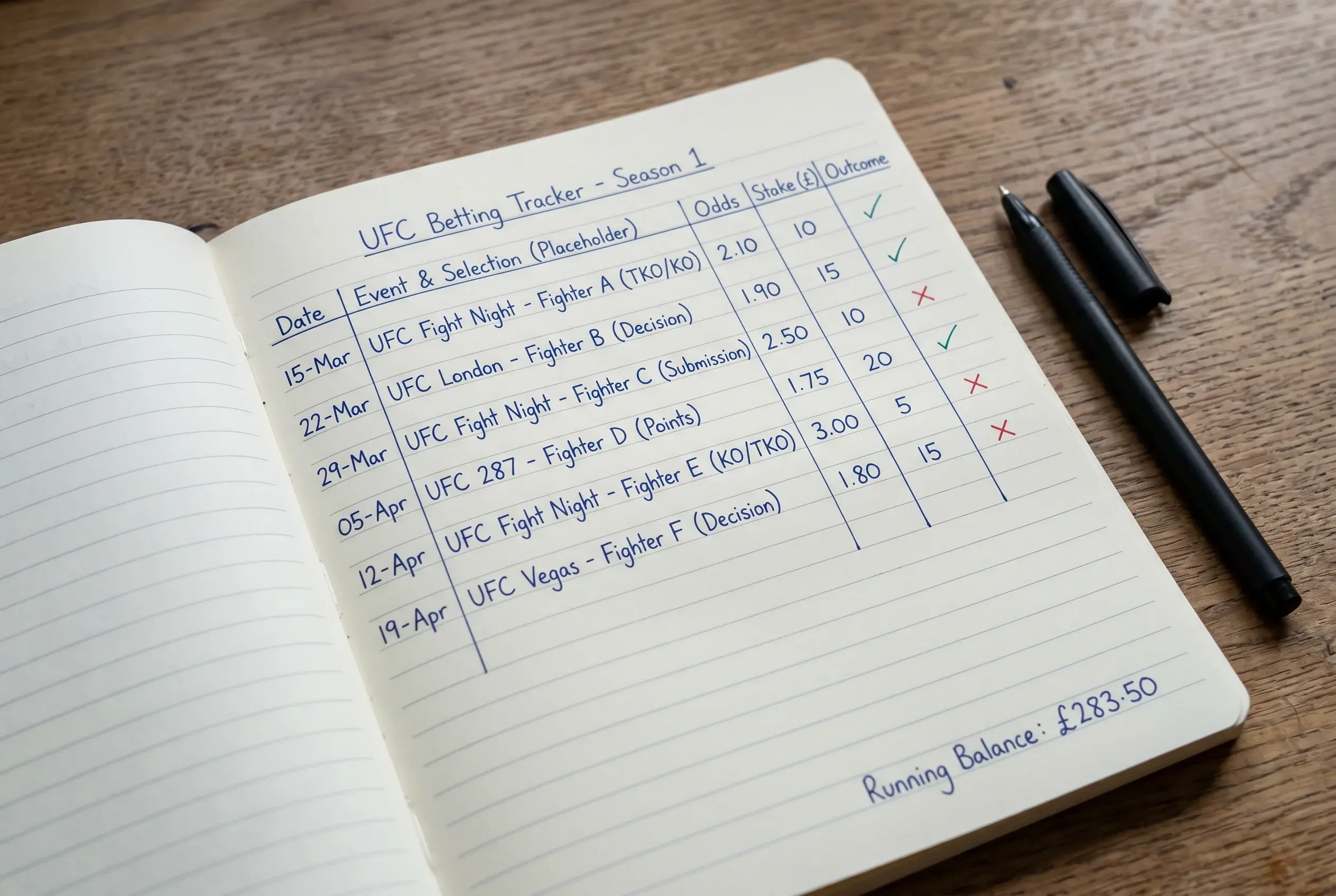 Open notebook with handwritten UFC bet records, dates, stakes and outcomes tracked in tidy columns alongside a running balance figure