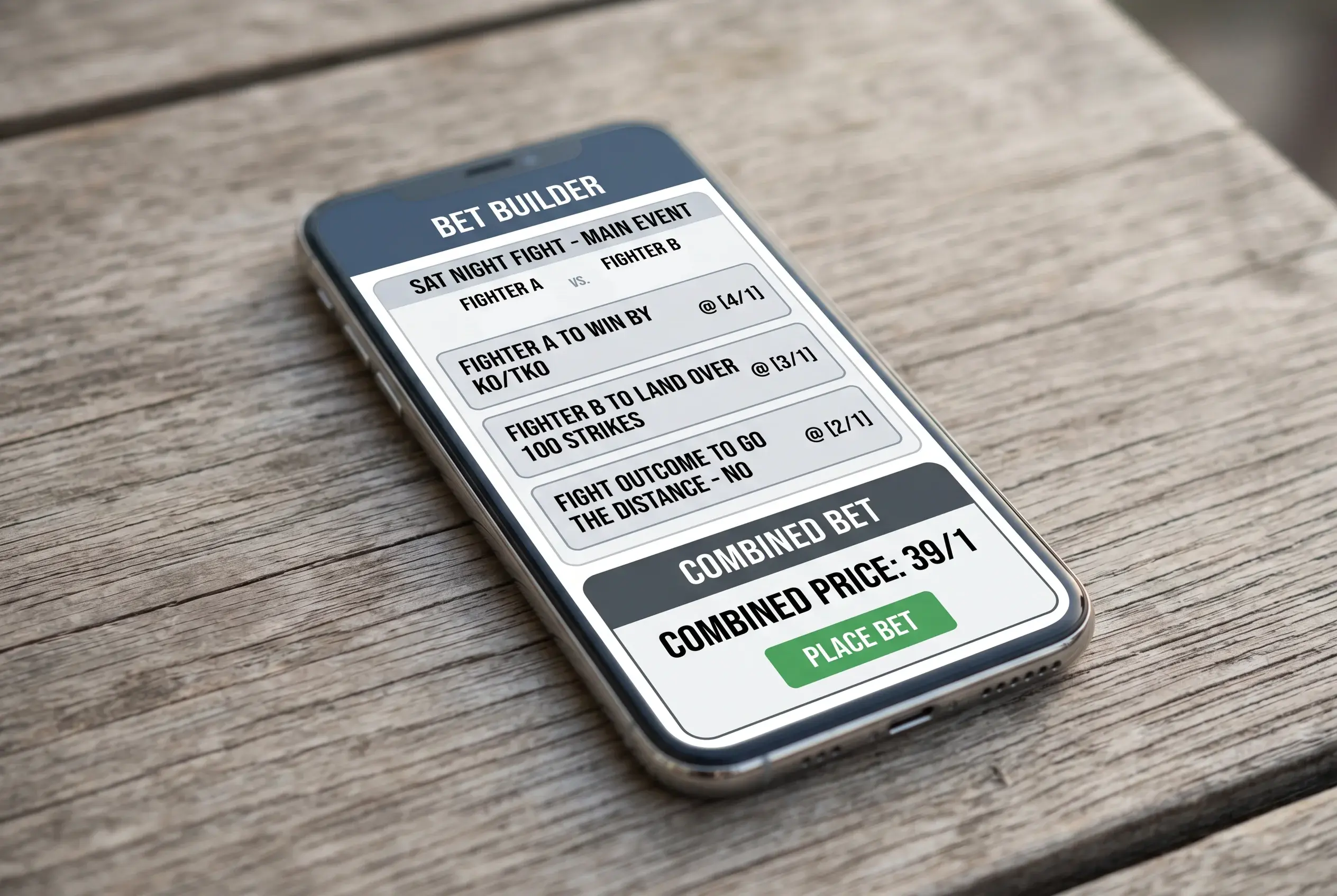 Mobile sportsbook bet slip on a smartphone screen showing three combined UFC bet builder legs stacked together with a single combined price