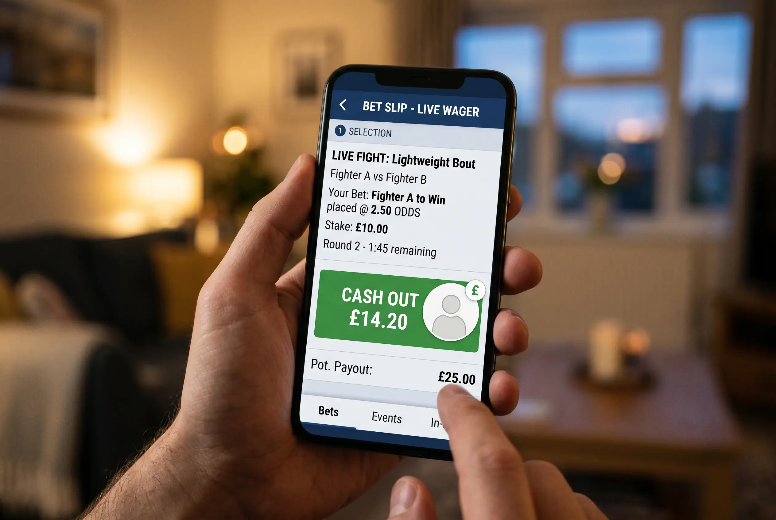 Smartphone screen showing a live UFC bet slip with a prominent cash out button highlighted partway through the active wager