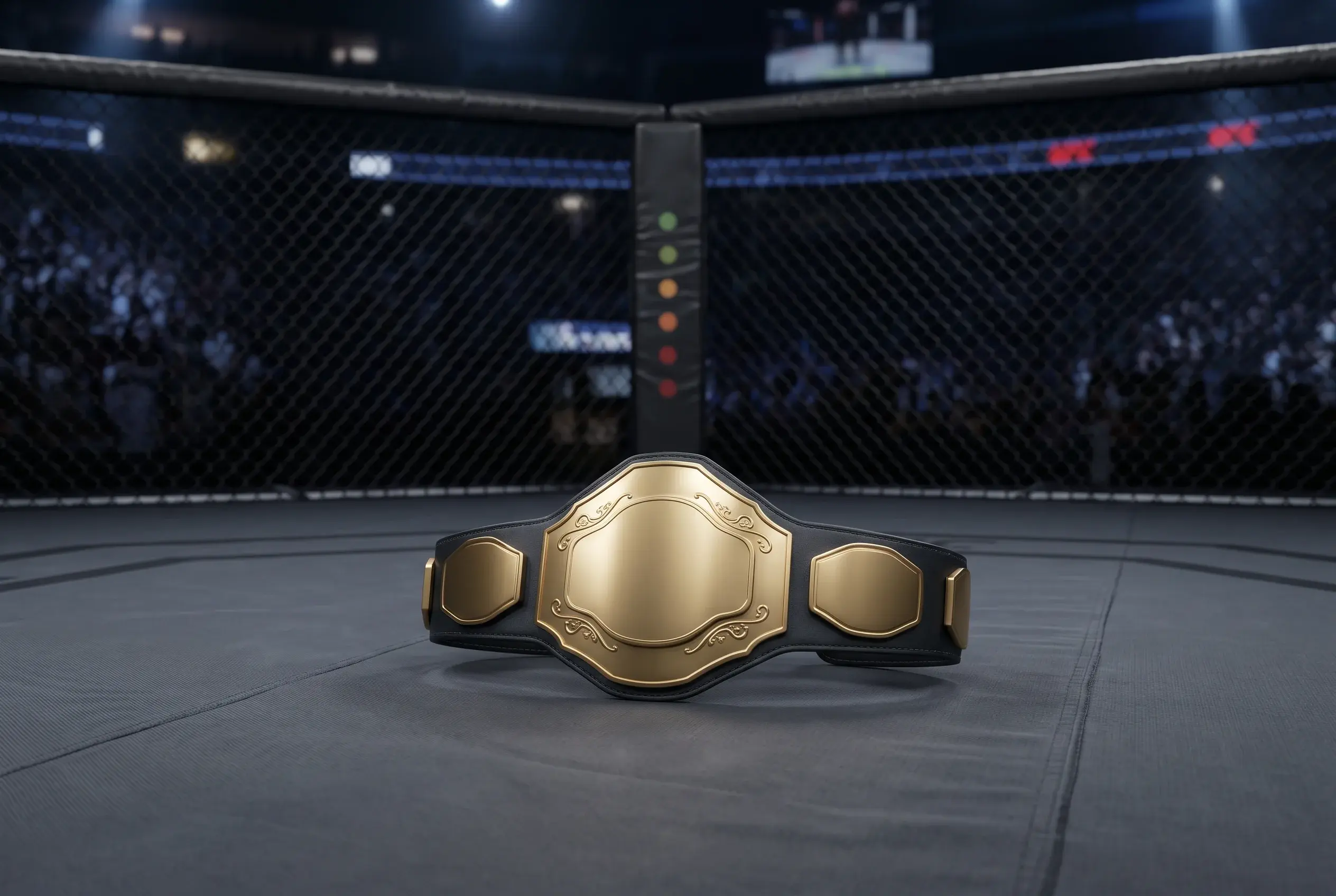 Generic championship combat sports belt resting on the canvas of an octagonal cage with five round-marker indicators arranged behind it