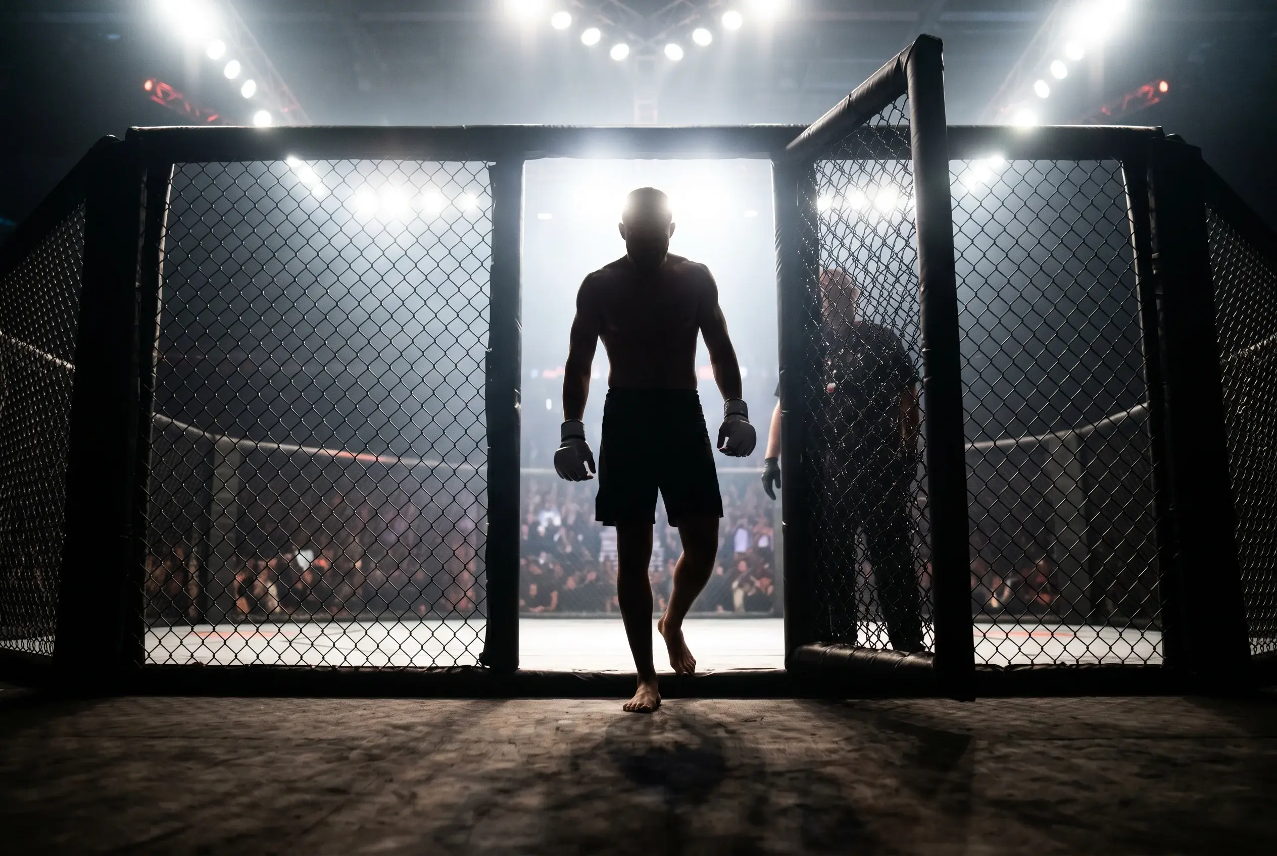 Stylised octagonal cage gate with a silhouetted newcomer fighter walking through it into the cage interior