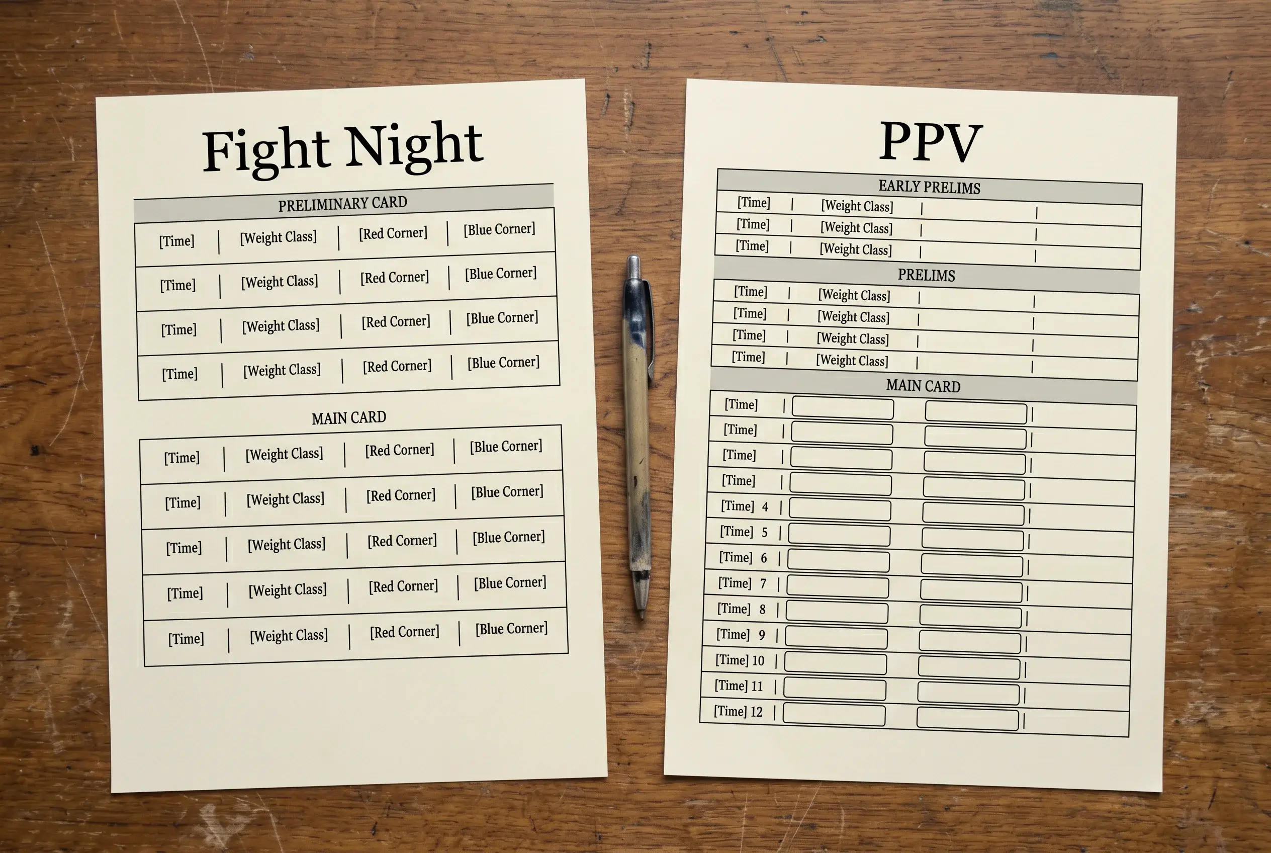 Side by side comparison panel showing the structural differences between a UFC Fight Night card and a UFC pay-per-view card