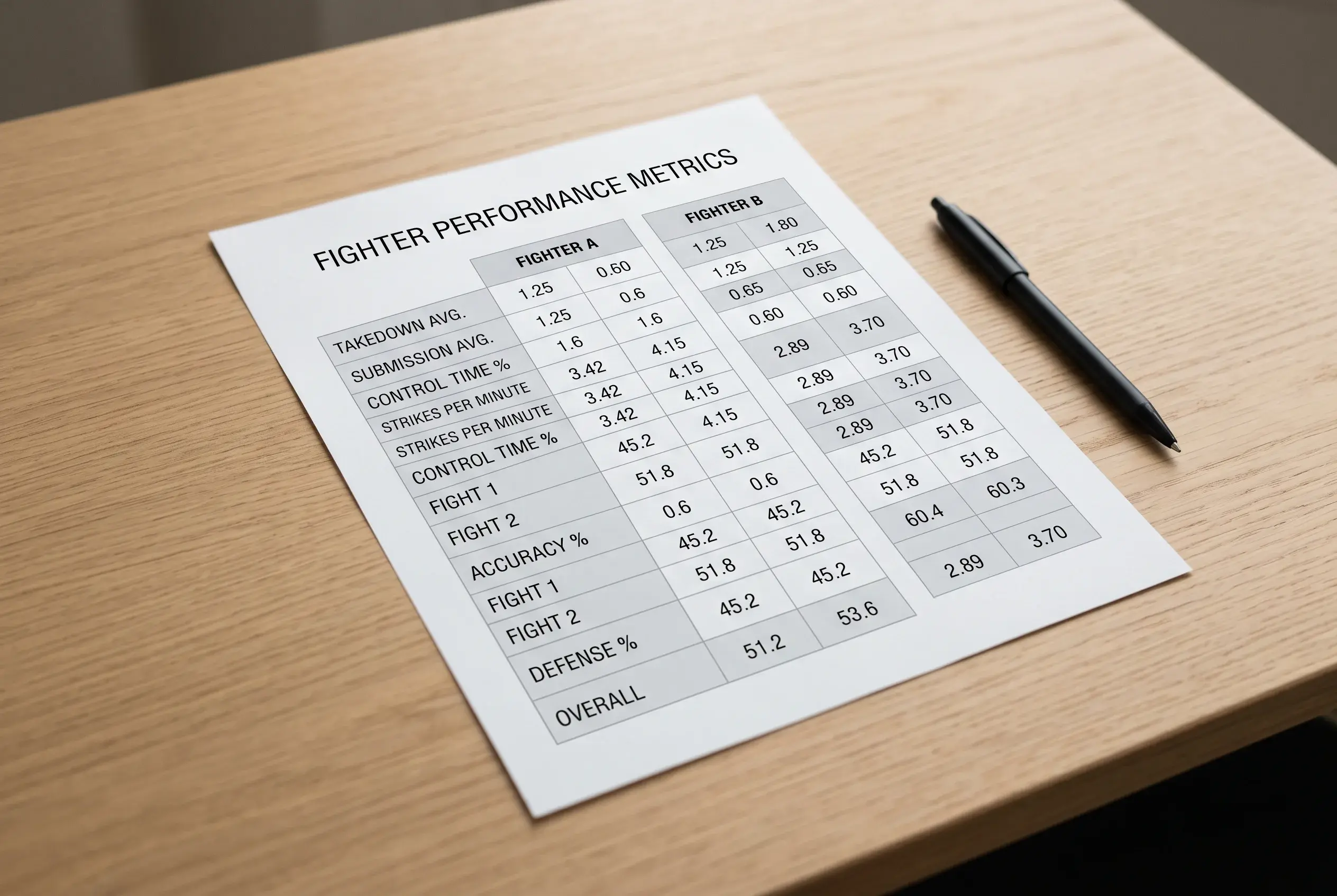 Stat sheet style printout highlighting key UFC fighter performance metrics including strikes per minute, accuracy and takedown defence percentages