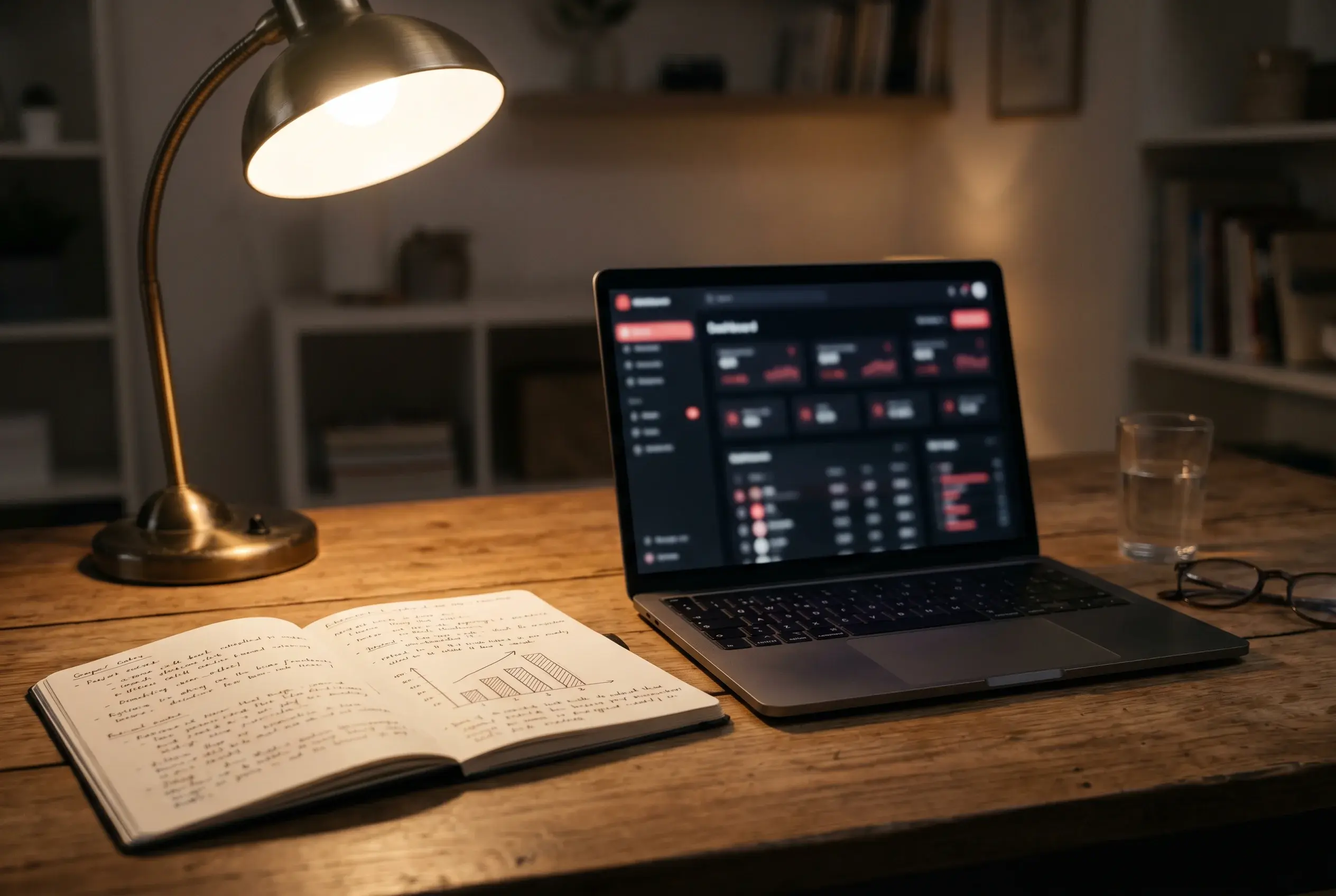 Notebook with handwritten UFC fight notes next to a laptop showing fighter performance metrics on a UK desk setup