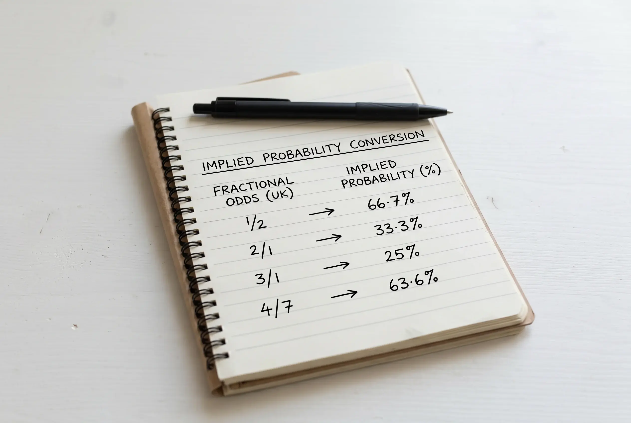 Conversion diagram showing fractional, decimal and American UFC odds notation with arrows pointing to a percentage probability output