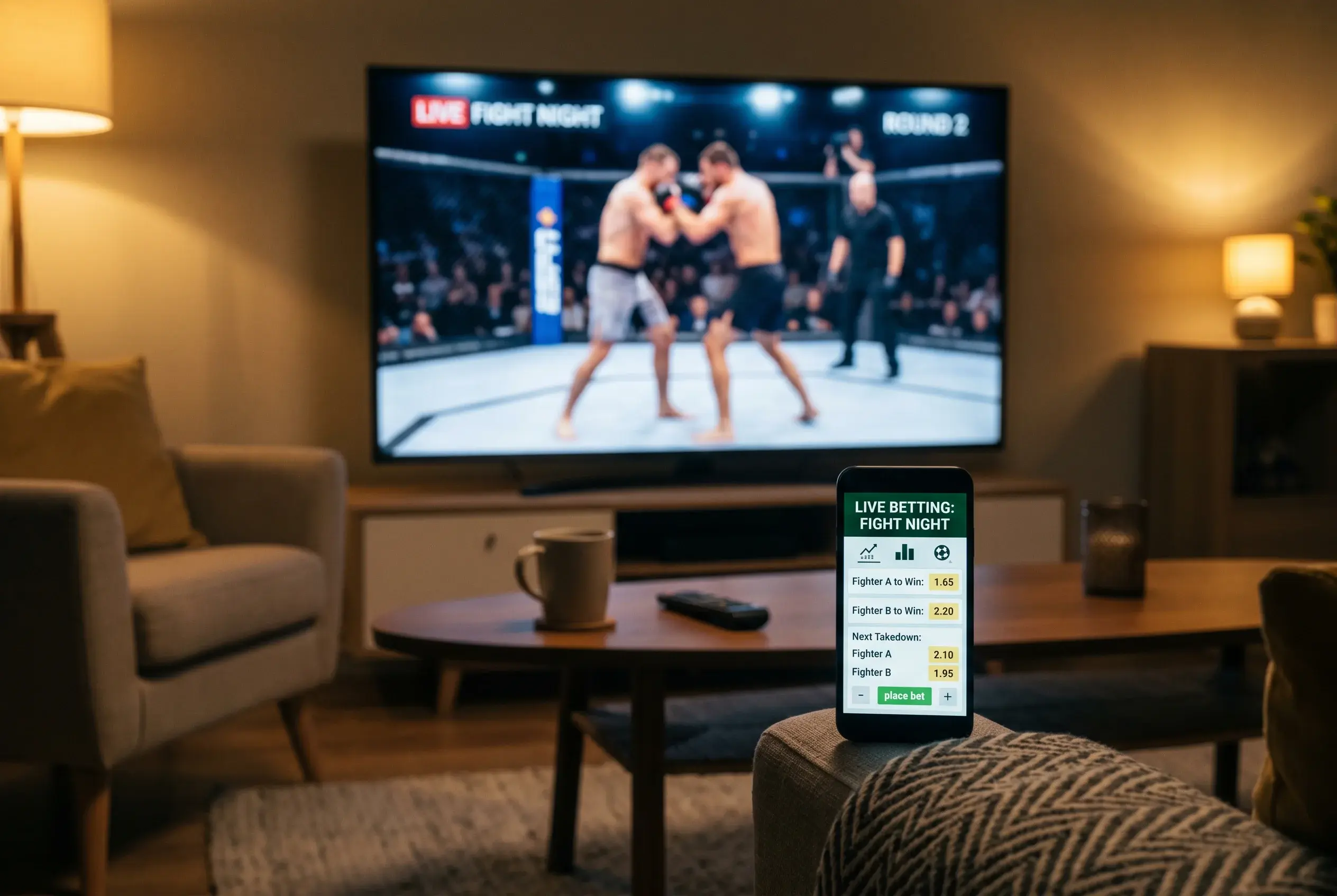 Dual-screen home setup showing a live UFC fight broadcast on a large television next to a smartphone displaying live betting odds