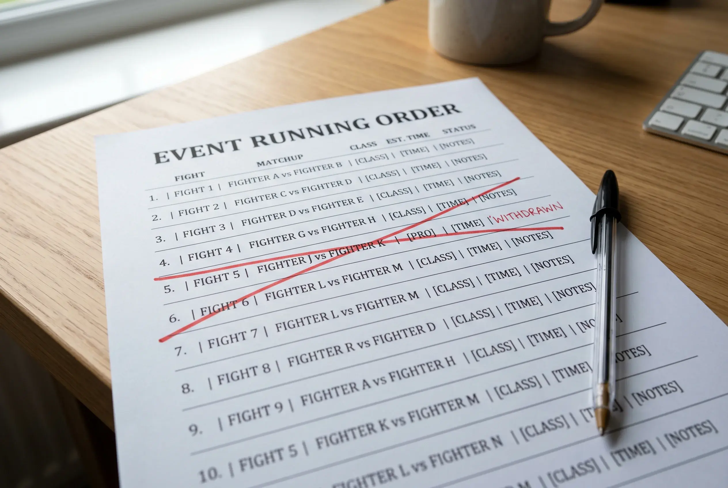 Generic event running order page with one bout row crossed out and marked withdrawn in red ink