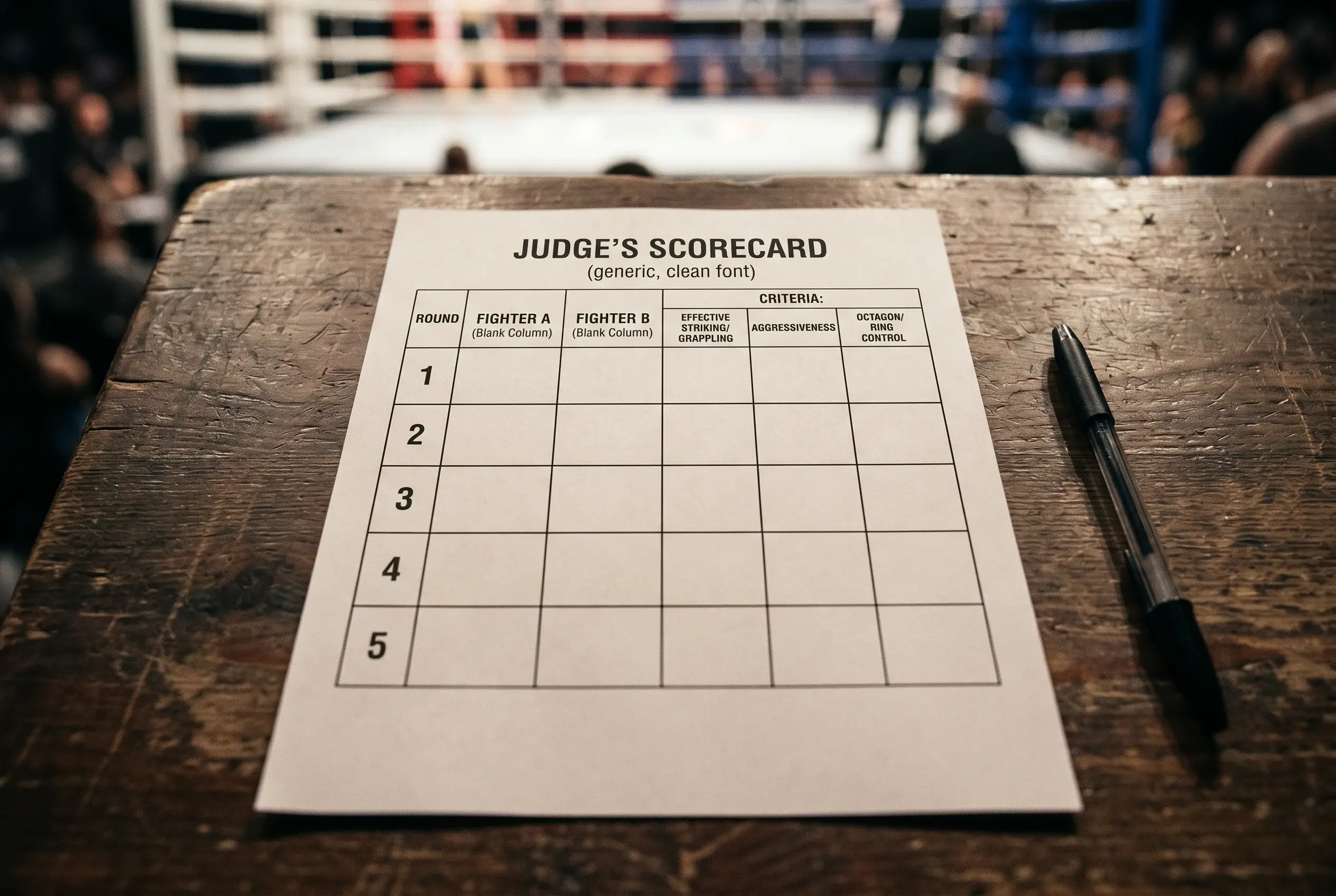 Close-up of a blank UFC official scorecard with the criteria categories labelled across the top and round columns running down the page