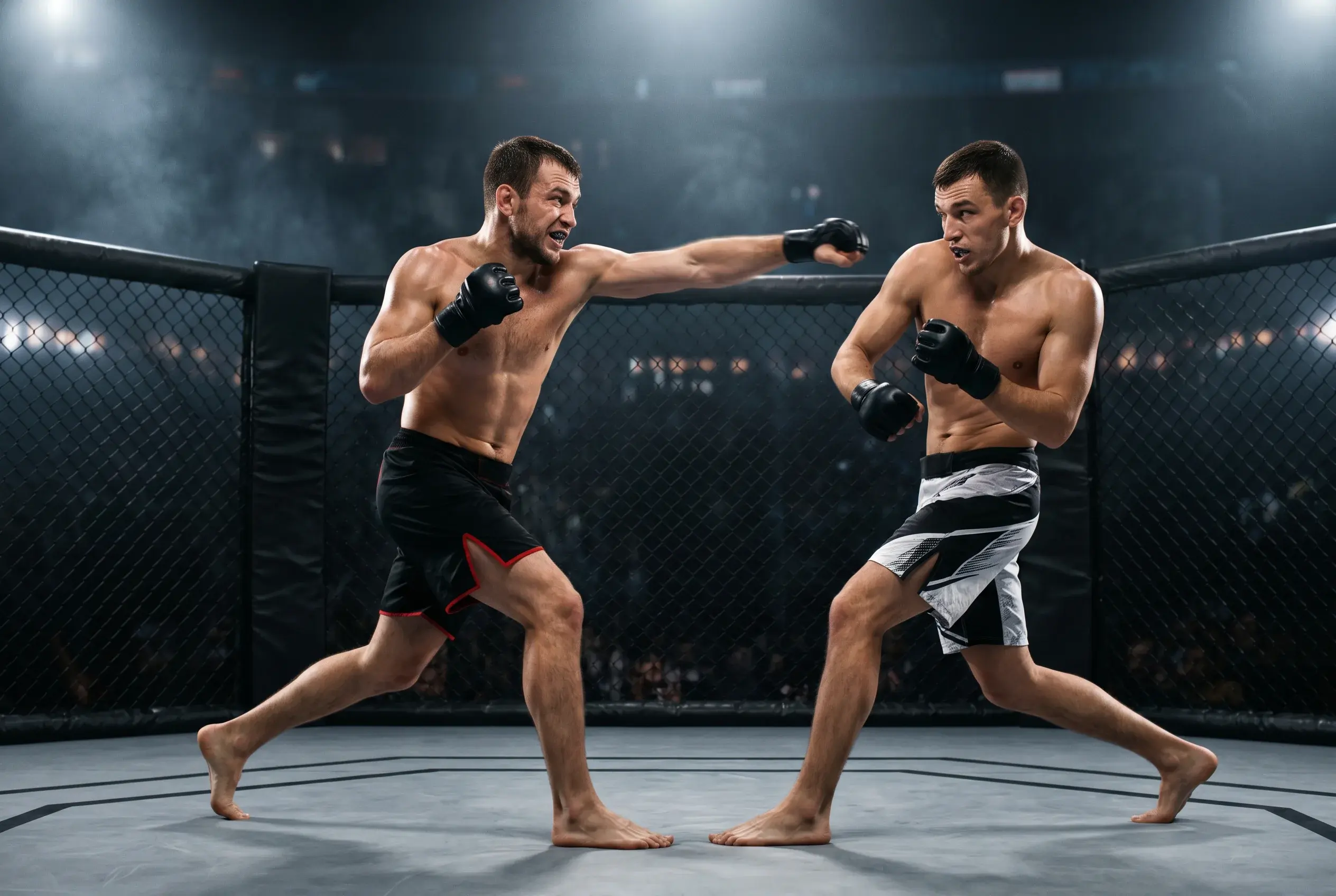 Two MMA fighters in mid-strike inside the UFC octagon under bright arena lights