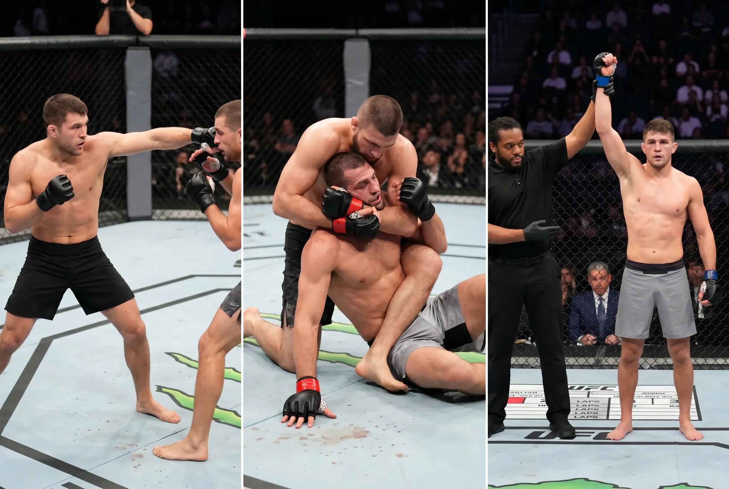 Stylised triptych showing three UFC fight outcomes: a knockout strike, a submission tap on the canvas, and judges