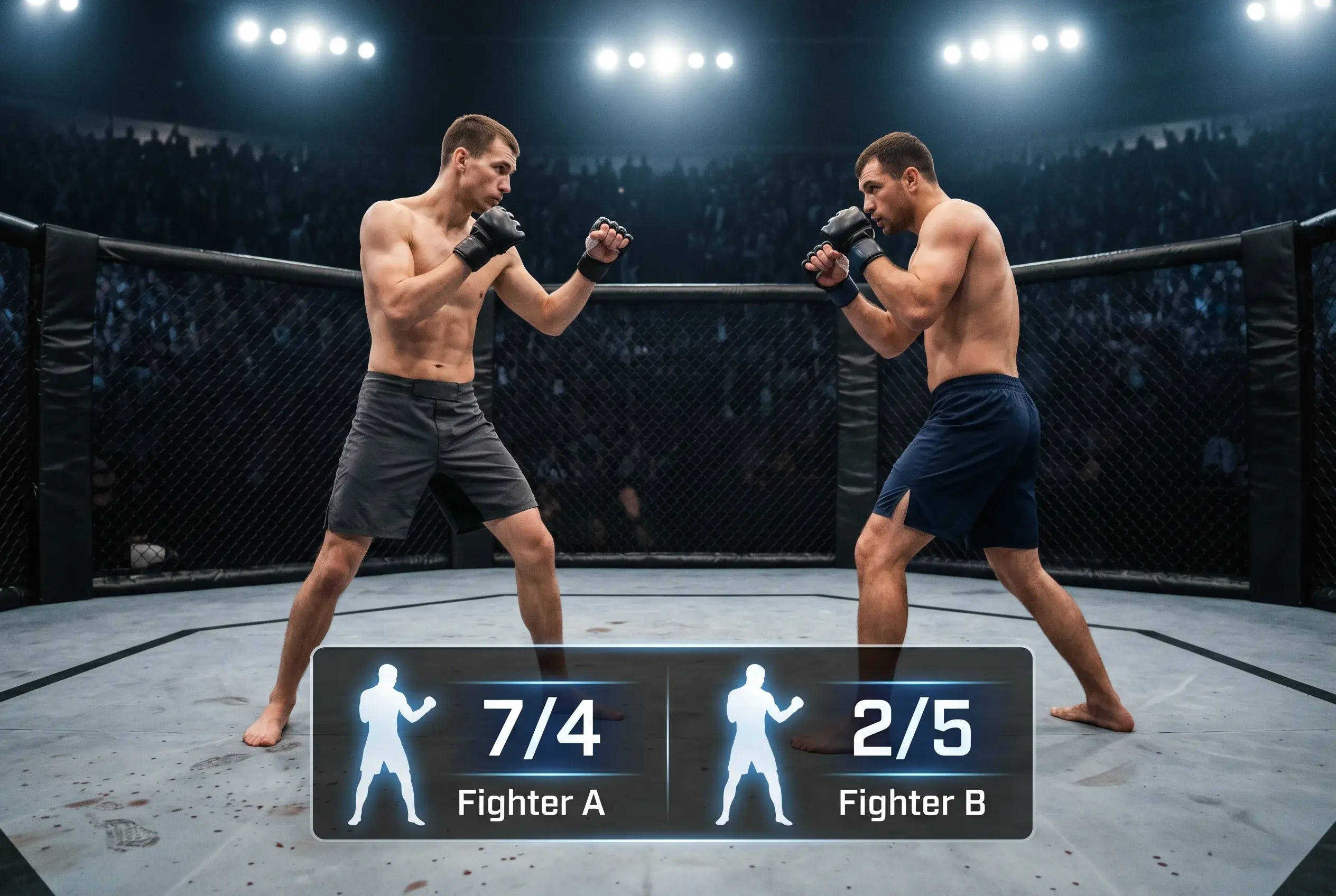 Two UFC fighters squaring off inside the octagon cage with fractional odds shown on a stylised display panel beside each fighter