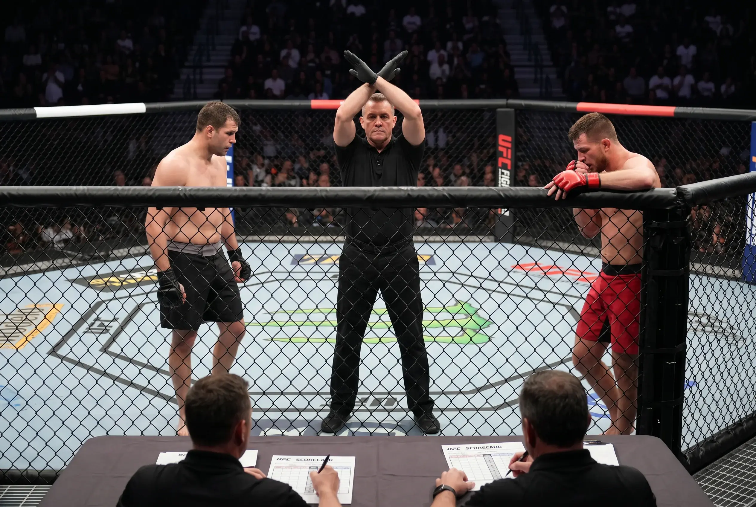 Referee waving off a UFC fight with both hands crossed overhead and two judges visible cageside with scorecards in front of them