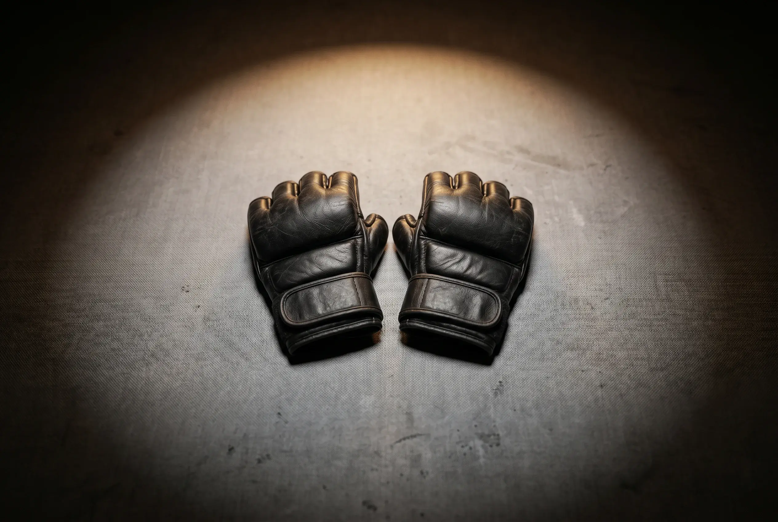 Black MMA gloves resting on the UFC octagon canvas under a single overhead spotlight