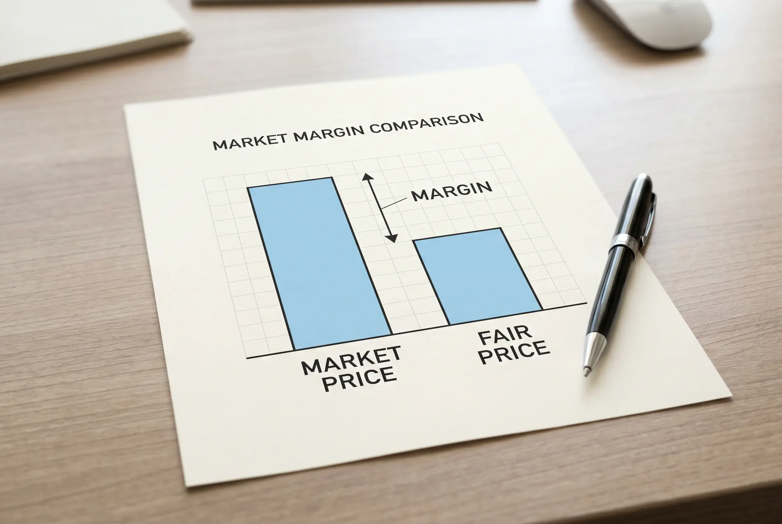 Layered diagram showing a UFC market price stacked above a smaller fair price column with the gap between them clearly highlighted