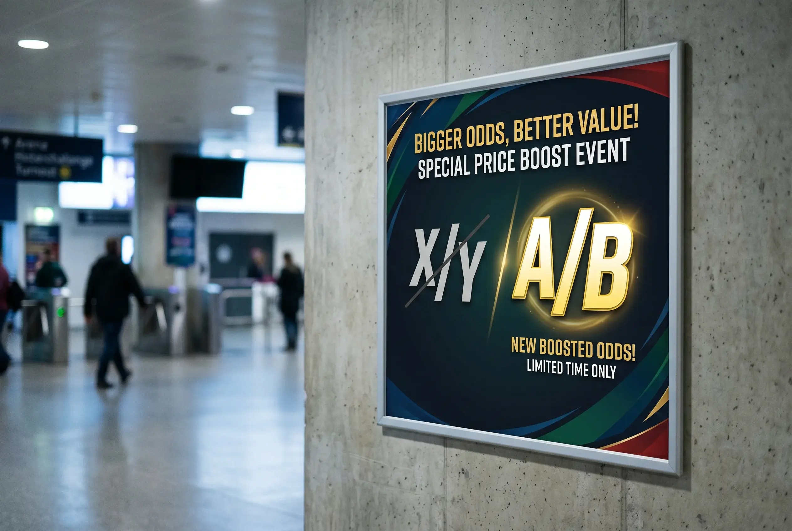 Stylised promotional poster mounted in an arena concourse showing a struck-through original UFC odds price and a larger boosted price beside it