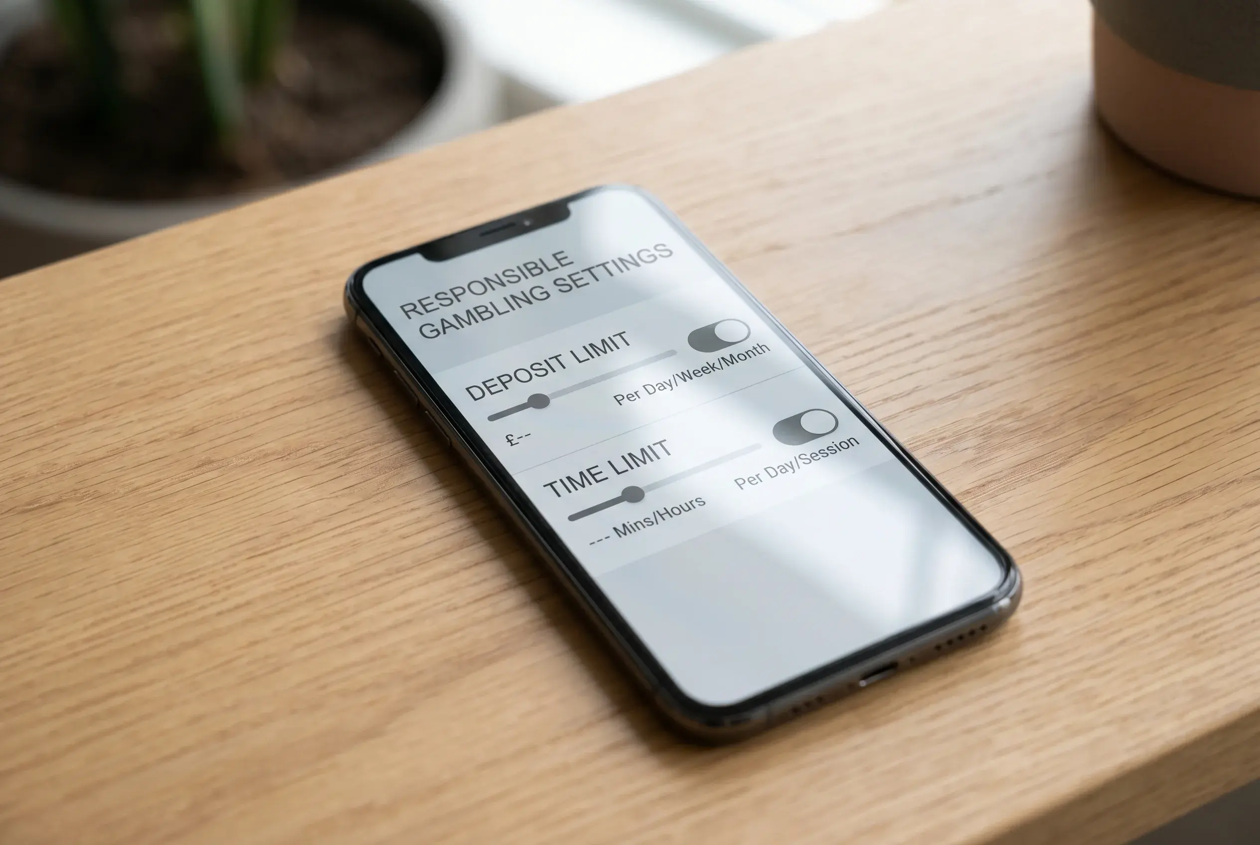 Smartphone displaying a sportsbook responsible gambling settings panel with deposit limit and time limit controls visible on screen