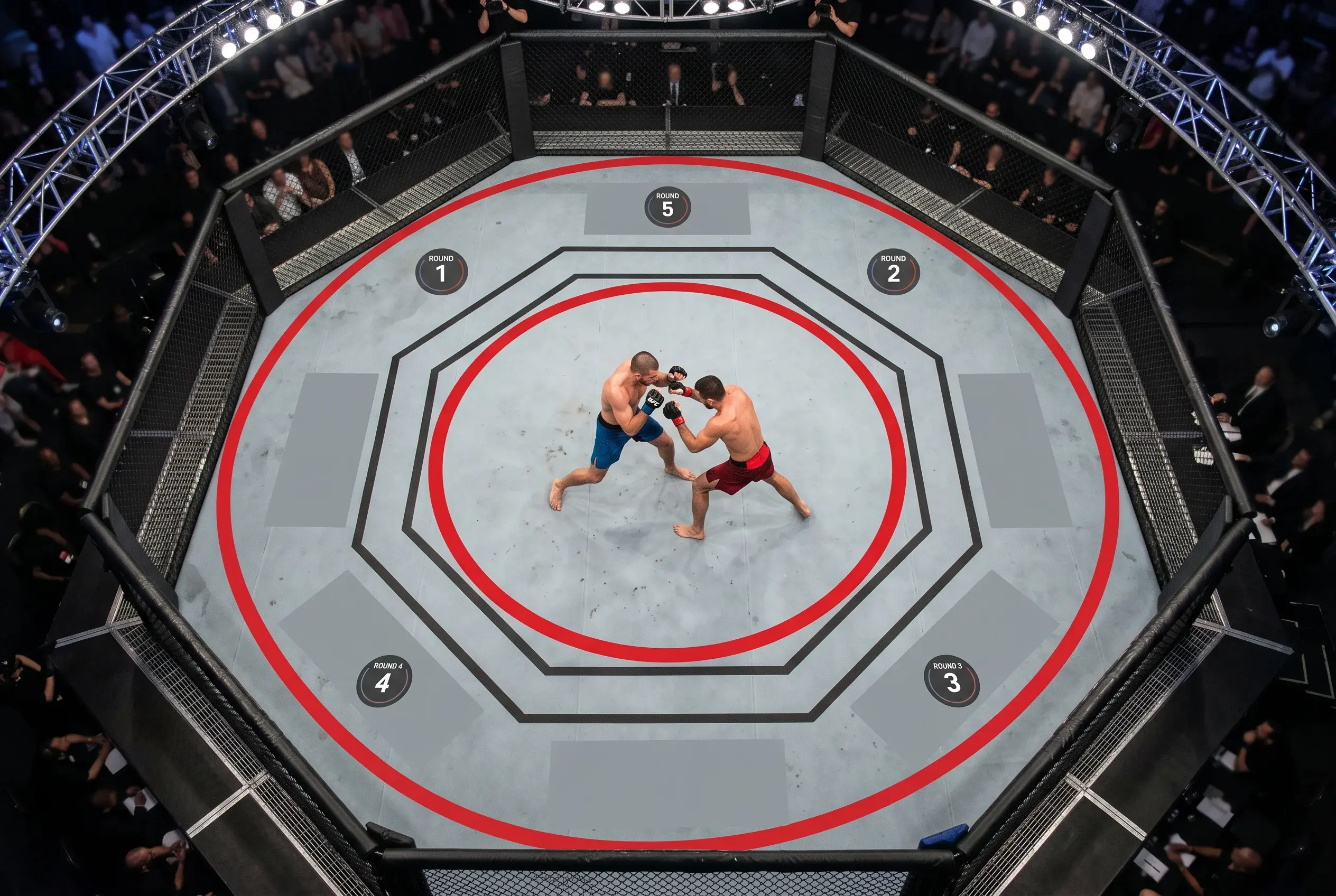 Top-down view of a UFC octagonal cage with five numbered round markers arranged around the perimeter on the canvas