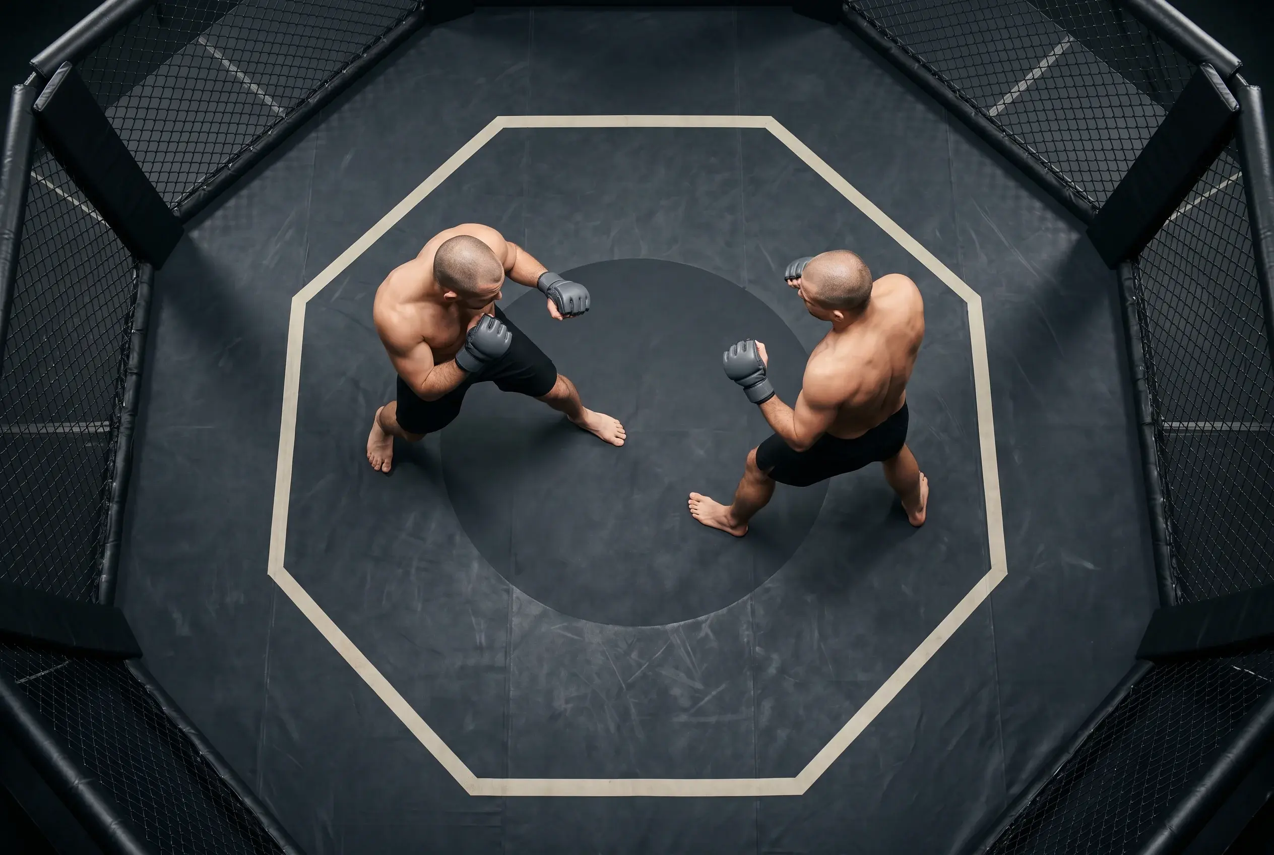 Overhead diagram of two MMA fighters facing off inside an octagonal cage with one in southpaw stance and one in orthodox stance