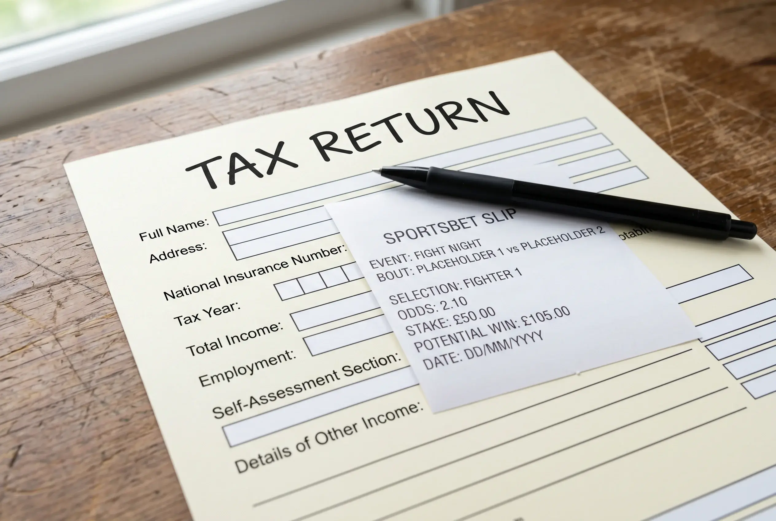 Generic HMRC style tax return form on a wooden desk beside a paper sportsbook betting slip and a pen