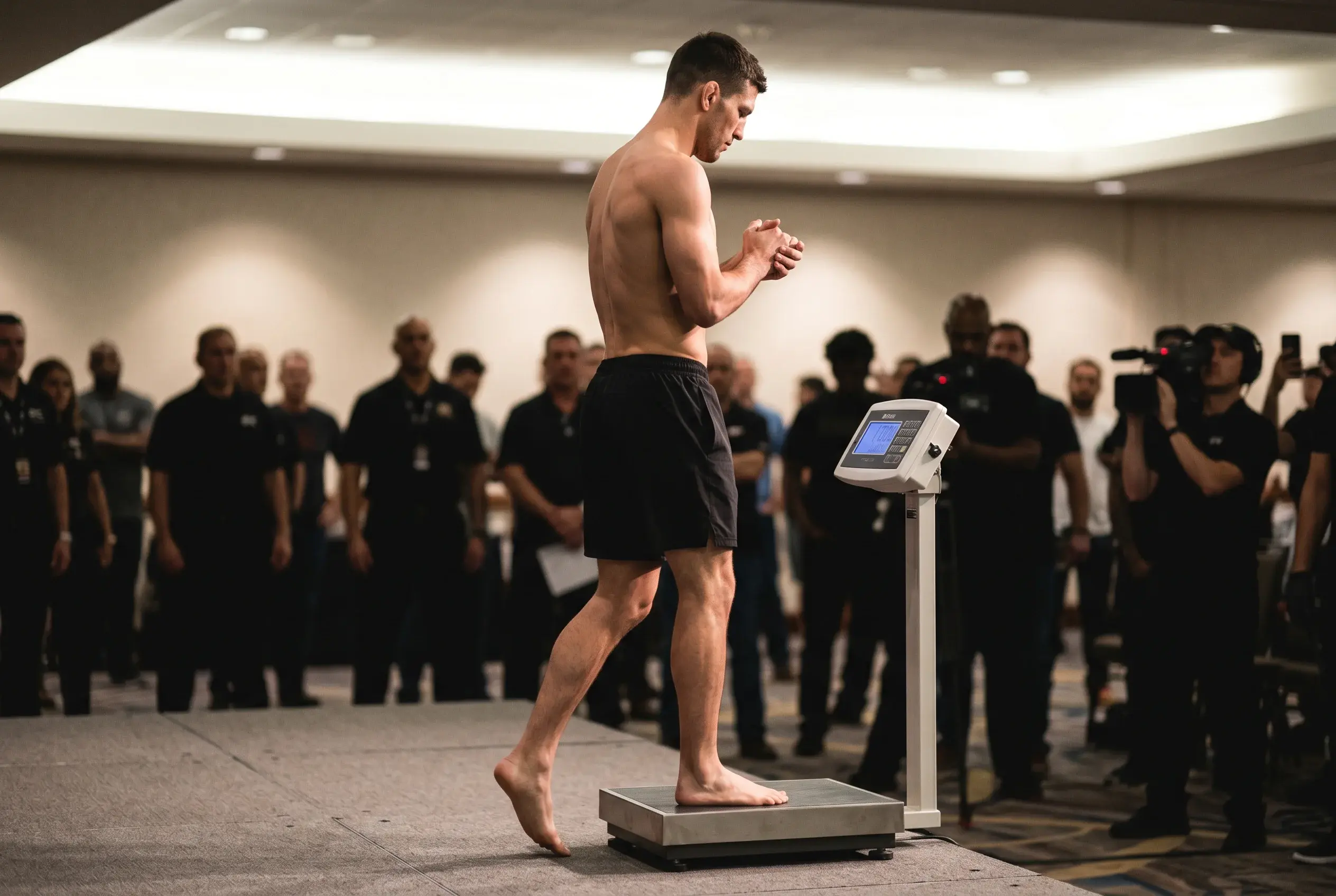 MMA athlete stepping onto an official weigh-in scale wearing fight shorts with a stylised graphic showing weight loss markings beside the scale